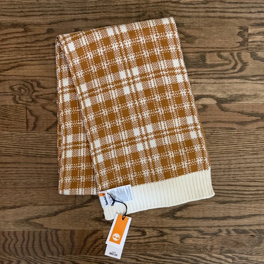 Timberland Tan and White Plaid Knit Scarf